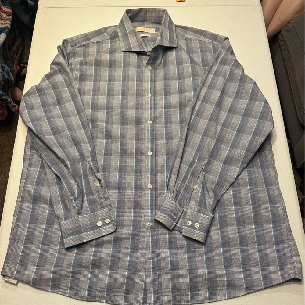 MICHAEL Michael Kors Blue and Gray Dress Shirt with Plaid Pattern